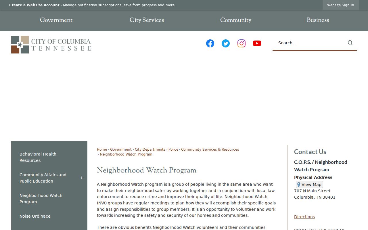 Columbia neighbors neighborhood watch public contact information