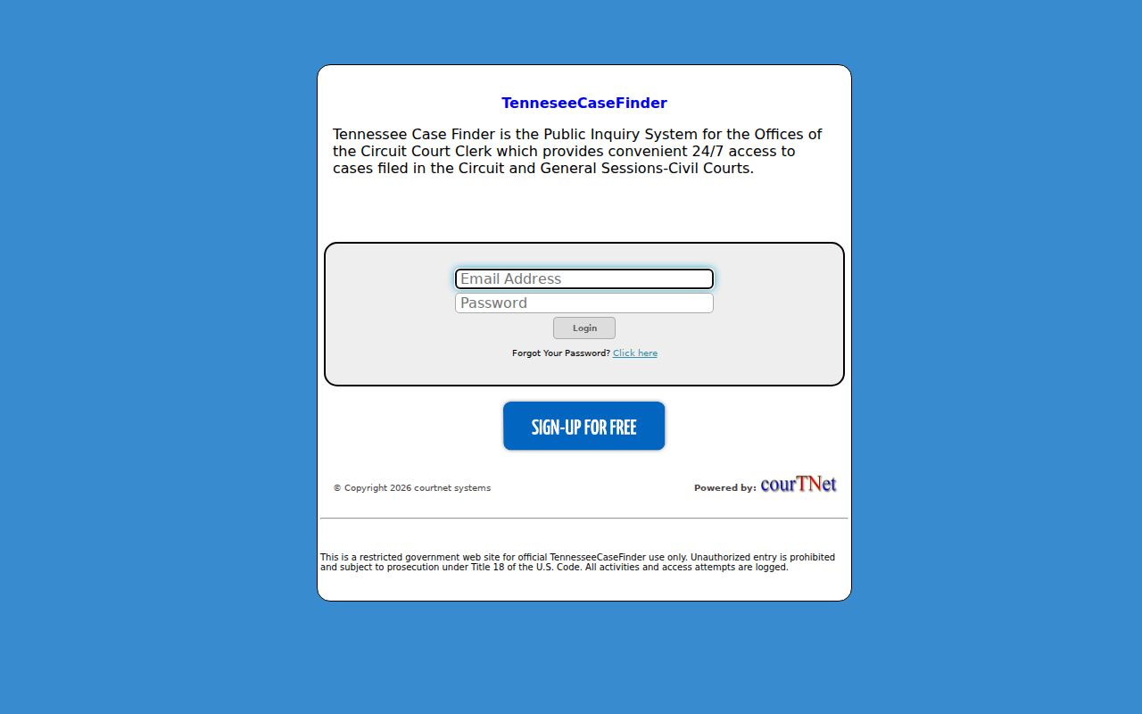 Columbia resident lookup TennesseeCaseFinder login access screen