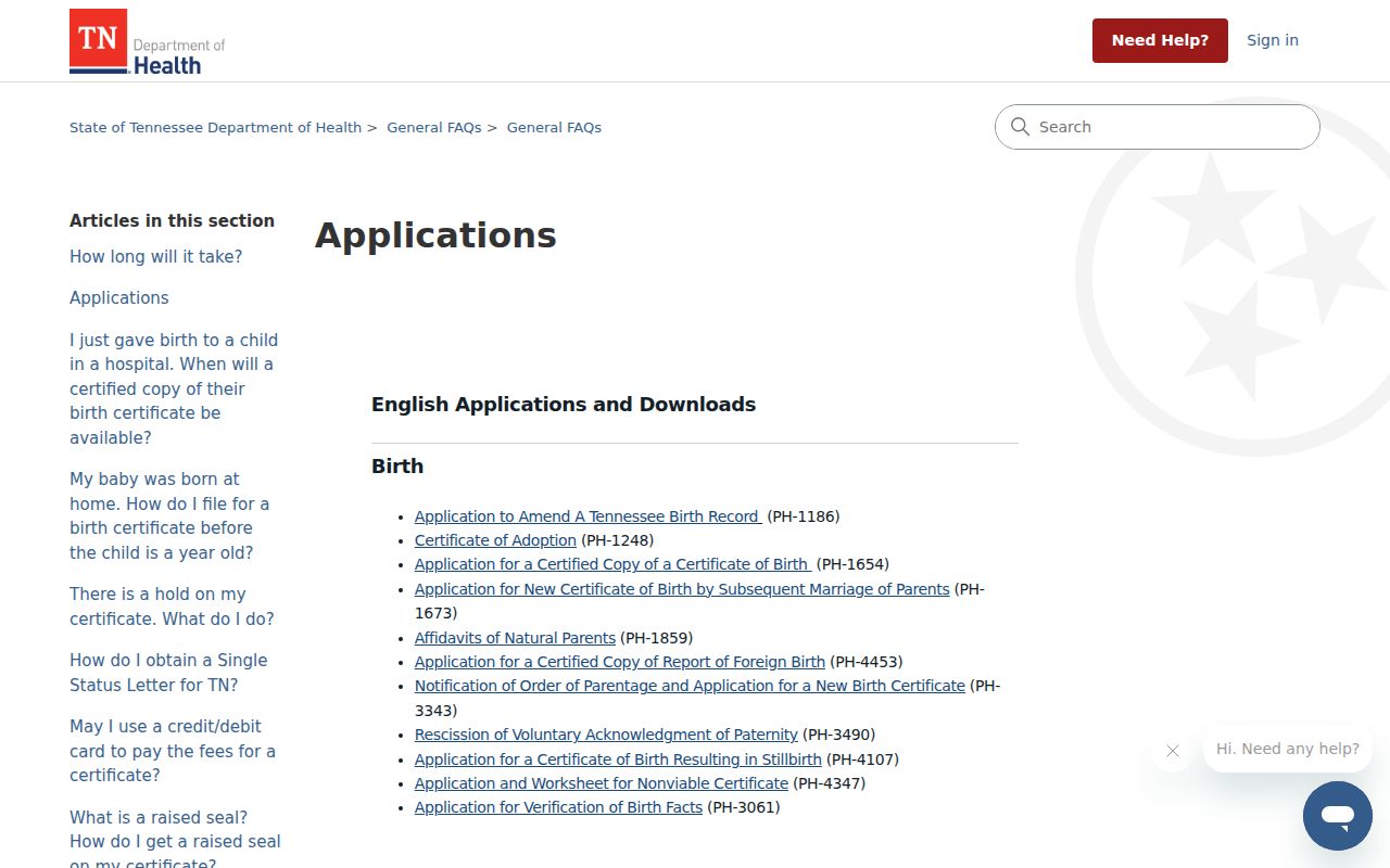 Columbia residents directory Tennessee vital record applications